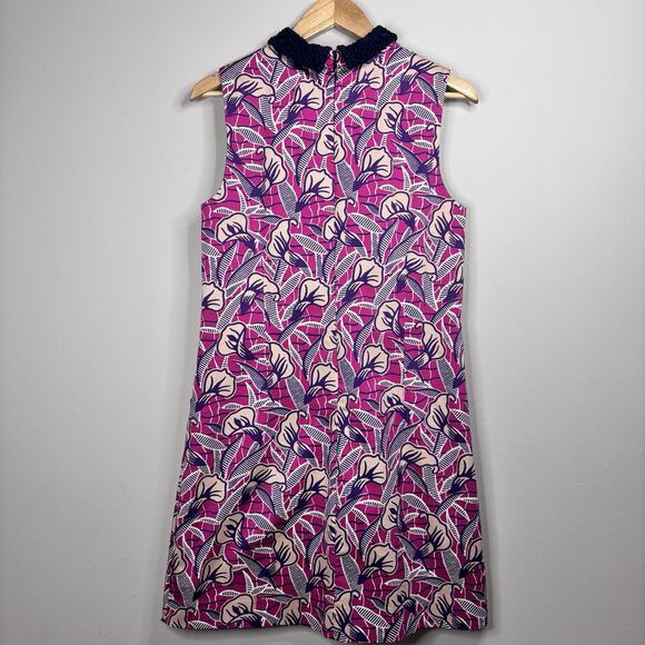 Club Monaco Shift Dress Sz 10 Purple Floral Sleeveless Pockets Crochet Collar - Picture 4 of 10